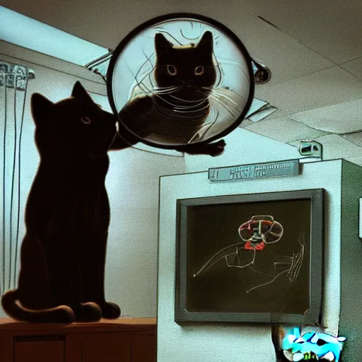 Image similar to anthropomorphic cat interventional radiologist, hospital, cinematic, hdr, backlight, in a symbolic and meaningful style, by albert bierstadt