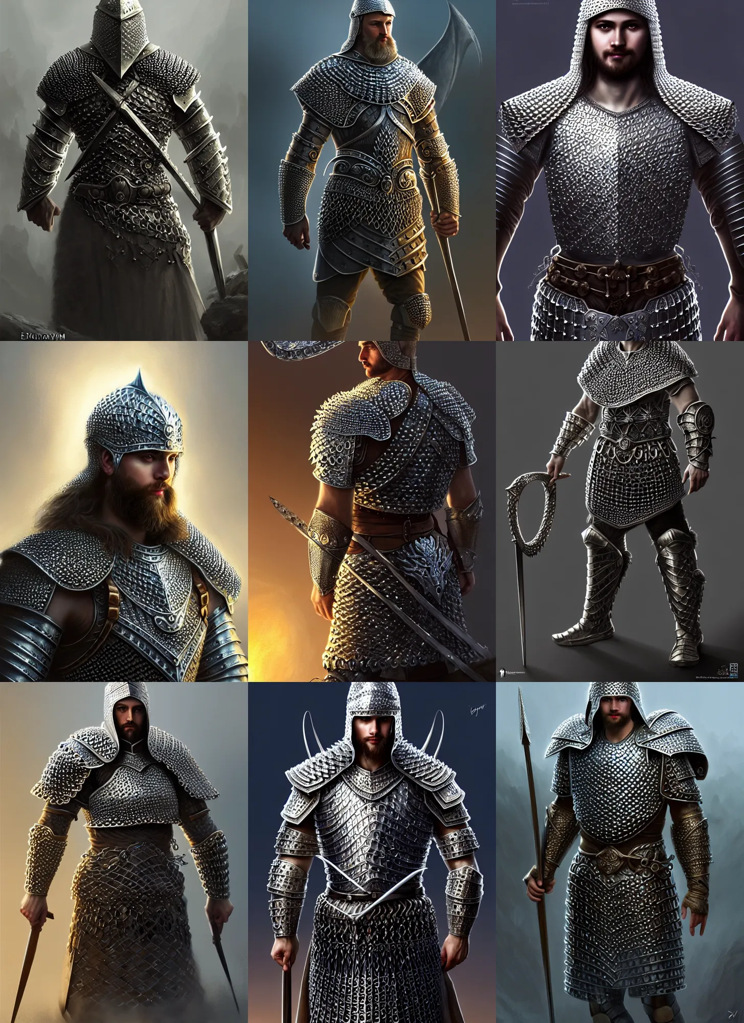 Prompt: Proto-Slavic hero in chain mail armor diffuse lighting, fantasy, intricate, elegant, highly detailed, lifelike, photorealistic, digital painting, artstation, illustration, concept art, smooth, sharp focus, art by Evgeny Epanchintsev and Sergey Samuilov and SunWoo Lee and Alexander Stepanchikov