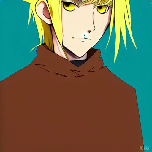 Image similar to blonde boy with yellow eyes wearing a brown cape in the style of studio ghibli, anime, artgerm