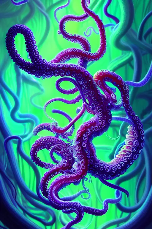 Image similar to tentacles coming out of colorful liquid smoke and neon clouds,, dmt, psilocybin, lsd, detailed, intricate, elegant, highly detailed, digital painting, artstation, concept art, smooth, sharp focus, illustration, art by hana yata, and artem demura and beeple, octane render, unreal engine, 8 k