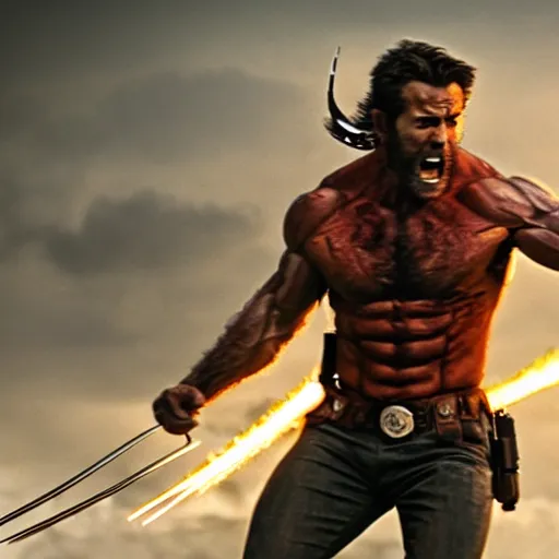 Prompt: Ryan Reynolds as Wolverine, movie still, cinematic lighting, epic action shot, aggressive