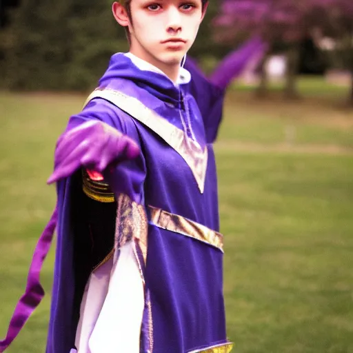 Image similar to a photorealistic male teenager wearing wizard outfit, sharp focus, photograph