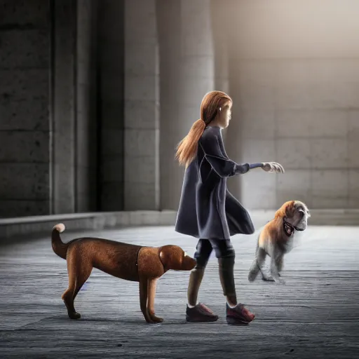 Prompt: Full lenght view contemporary art photography of ultra mega super hyper realistic highly detailed girl walking with a highly realistic dog . Photo on Leica Q2 Camera, Rendered in VRAY and DaVinci Resolve and MAXWELL and LUMION 3D, Volumetric natural light