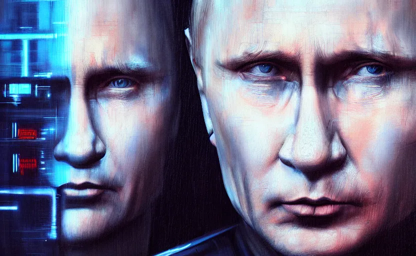 Prompt: closeup painting of putin, cyberpunk, portrait, hyperdetailed, artstation, cgsociety, 8 k, synthwave by tangerine dream