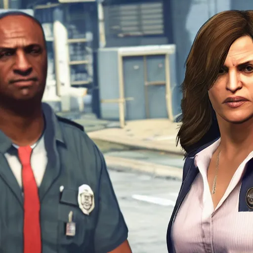 Prompt: Mariska Hargitay as Detective Olivia Benson busting a perp in GTA 5.