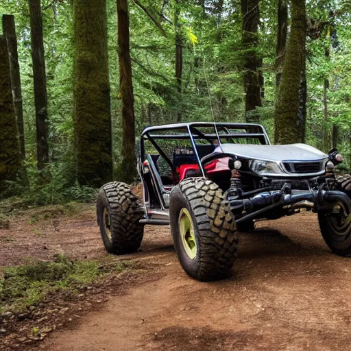 Image similar to off road buggy in the forest, driver is smilimg, artstatiom, 4 k, incredibly detailed