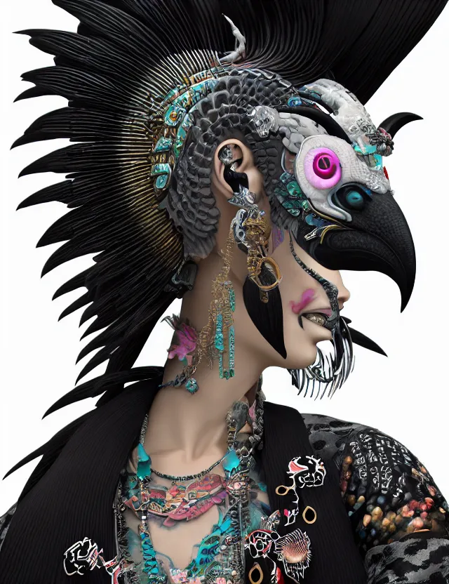 Image similar to 3 d goddess close - up profile portrait punk with mohawk with ram skull. beautiful intricately detailed japanese crow kitsune mask and clasical japanese kimono. betta fish, jellyfish phoenix, bio luminescent, plasma, ice, water, wind, creature, artwork by tooth wu and wlop and beeple and greg rutkowski