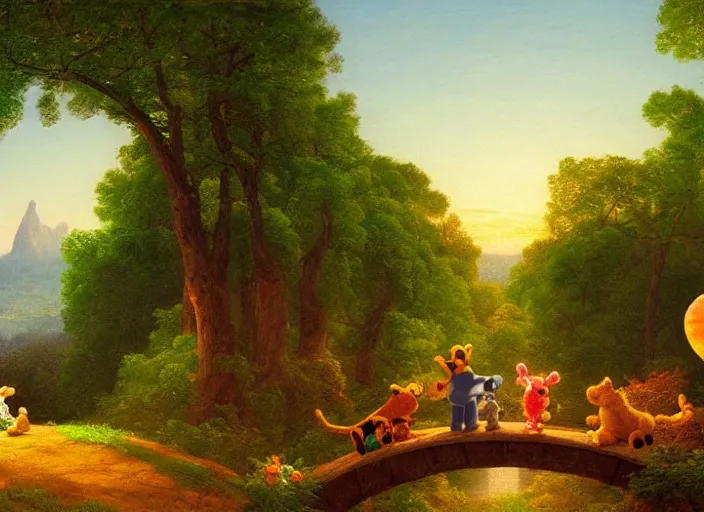 Prompt: american realist romanticism landscape painting of winnie the pooh characters at night, colorful paper lanterns, in the style of hudson river school and thomas cole and albert bierstadt and robert duncanson