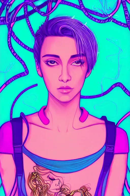 Image similar to a award winning half body portrait of a beautiful woman with stunning eyes in a croptop and cargo pants with ombre purple pink teal hairstyle and hands in pockets by thomas danthony, surrounded by whirling illuminated lines, outrun, vaporware, shaded flat illustration, digital art, trending on artstation, highly detailed, fine detail, intricate