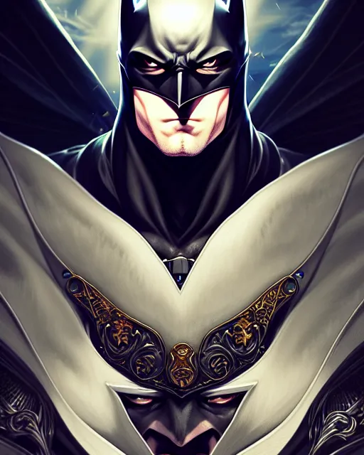 Image similar to anime portrait of batman, intricate ornate details, fantasy, elegant, highly detailed, digital painting, artstation, concept art, smooth, sharp focus, illustration, artbook, splash art, promo art, soul calibur, league of legends, art by artgerm and greg rutkowski and bo chen and jin xiaodi