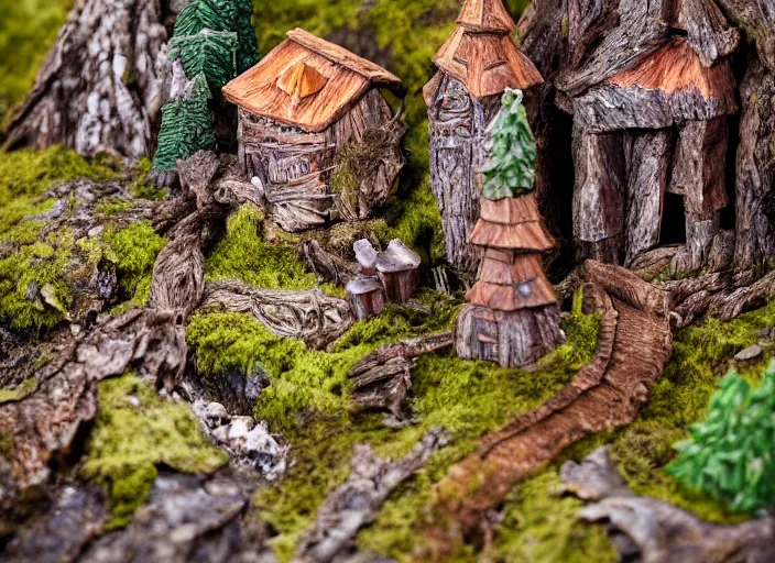 Image similar to high - res photograph of a wood sculpture diorama with fantasy castles, highly detailed sculpey diorama, forest setting in iceland, waterfall backdrop, realistic materials, wood, felt, cloth, burlap, copper wire, hot glue, smooth, sharp foccus, commercial product photography,