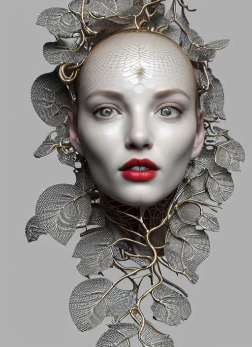 Image similar to complex 3d render ultra detailed of a beautiful porcelain profile woman face, mechanical cyborg, 150 mm, beautiful natural soft light, rim light, silver gold details, magnolia big leaves and stems, roots, fine foliage lace, maze like, mesh wire, intricate details, hyperrealistic, ultra detailed, mandelbrot fractal, anatomical, red lips, white metal neocubism armor, facial muscles, cable wires, microchip, elegant, octane render, H.R. Giger style, 8k