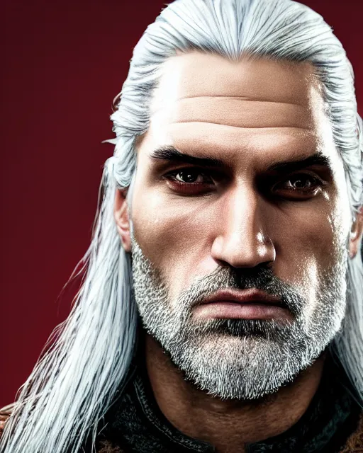 Image similar to portrait of geralt of rivia, 5 5 mm lens, professional photograph, times magazine, serious, stern look