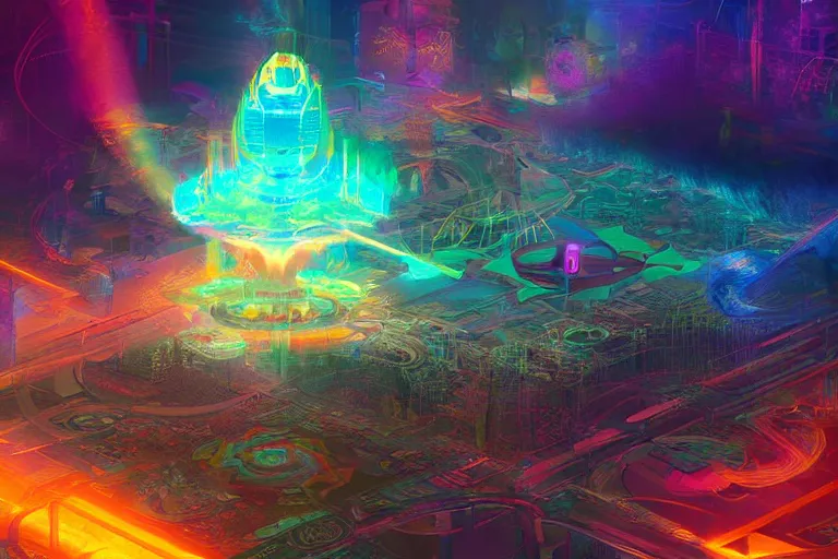 Image similar to infographic of a [ psychedelic heavenly realm ] ~ ~ ~ in the style of a ~ ~ ~ [ three dimensional hologram ] ~ ~ ~ highly detailed digital saturated colors full color drawn by ~ ~ ~ [ wlop and greg rutkowski ]