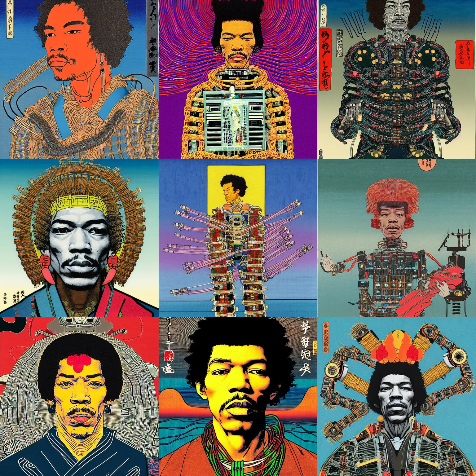 Prompt: a ukiyo-e portrait of jimi hendrix as a robot saint made of cables and robotic parts, by Hiroshige in the style of simon stålenhag