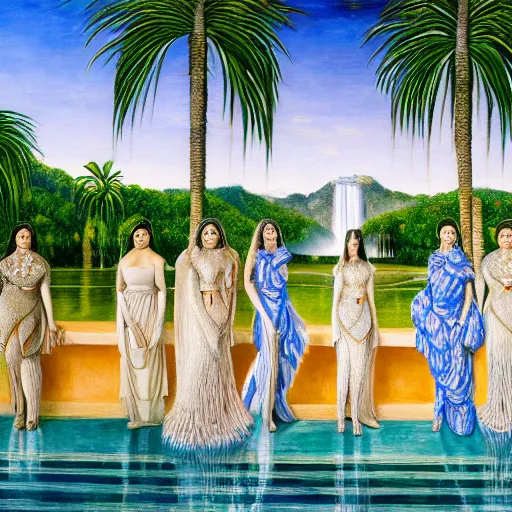 Image similar to a ultradetailed beautiful painting of the kardashians standing in front of the diamonds waterfall in the amazonas palace balustrade designed by jules bastien - lepage, tarsila do amaral, frank weston and gustave baumann, beach, trending on artstation, mediterranean, palm trees, sharp focus, soft light, 8 k 4 k