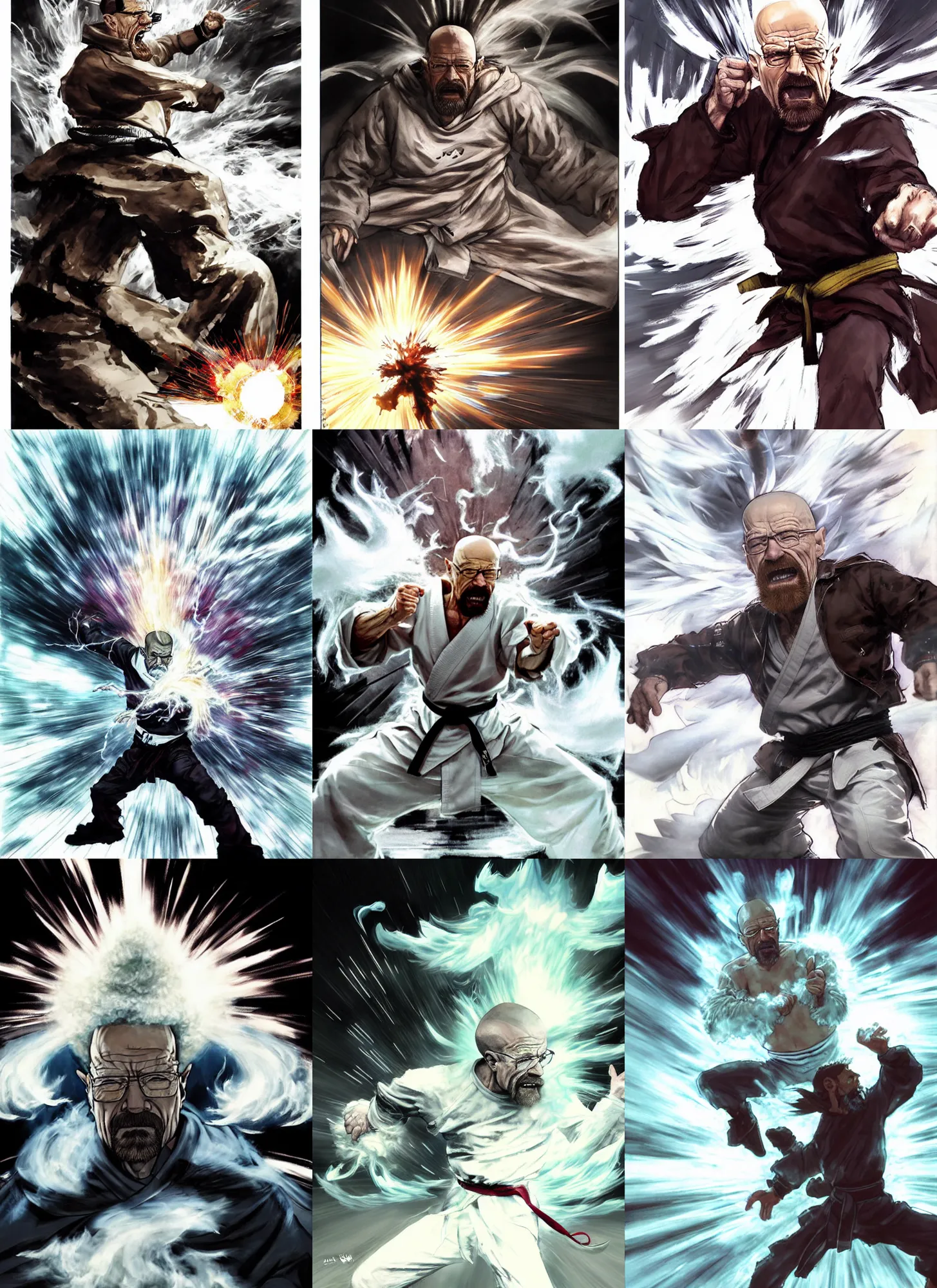 Prompt: Epic Concept art of grandmaster walter white wearing a white martial artist gi snarling angerly yelling, powering up, squatting, bald head and white beard, emanating shockwaves of wind, fog fills the area, air is being pushed around him, character surrounded by wispy smoke, plain background, by Chen Uen, art by Yoji Shinkawa, 4k