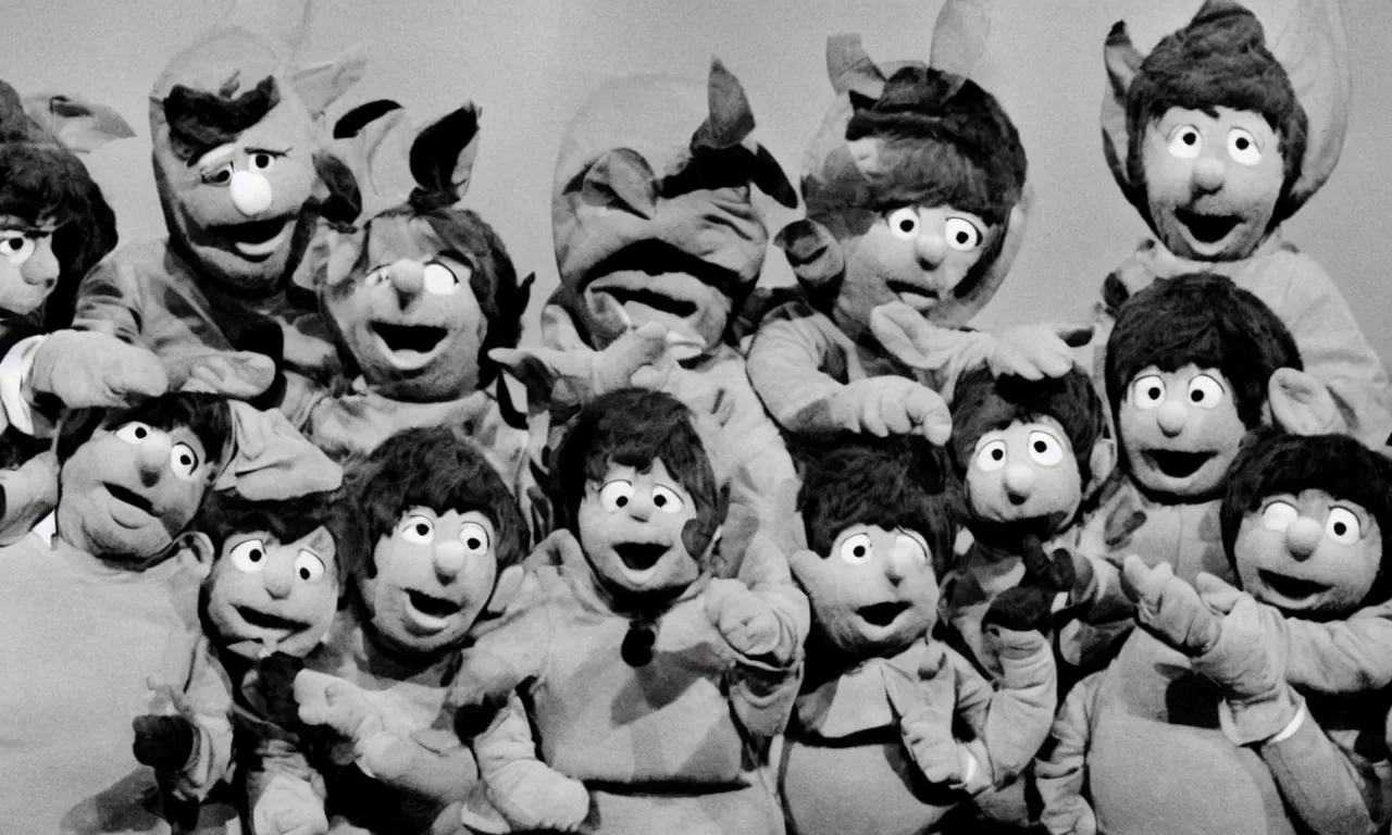 Prompt: Beatles dressed as teletubbies, photo from set of Sesame street