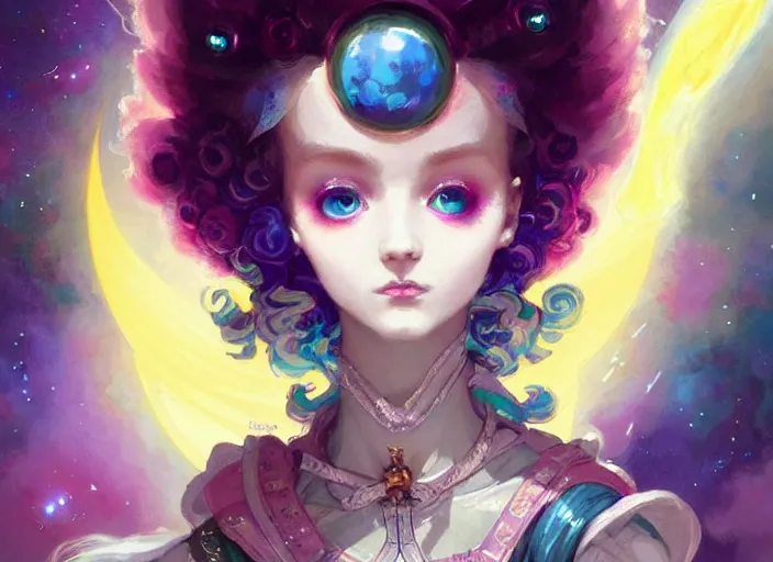 Prompt: close up picture of an maximalist dress magical girl, neat hair, slightly smiling, extremely beautiful and aesthetic and detailed cute face and eyes, wipe out evils with cute astronaut familiar sprites, aming the magics, magical beam, chiaroscuro, intricate, masterpiece, fantasy illustrations by peter mohrbacher and anato finnstark and jeremy lipking