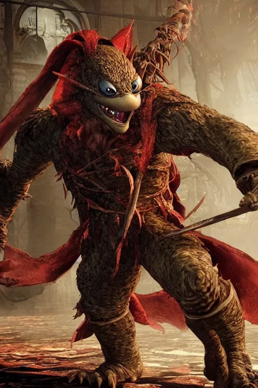 Prompt: “ a still of splinter from teenage mutant ninja turtles as a bloodborne boss ”