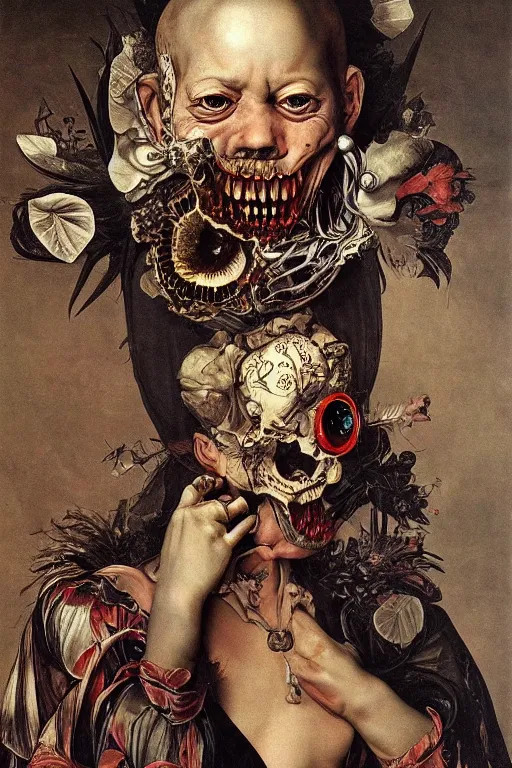 Prompt: Detailed maximalist portrait with large lips and with large, wide eyes, angry expression, extra bones, flesh, HD mixed media, 3D collage, highly detailed and intricate, surreal, illustration in the style of Caravaggio, dark art, baroque