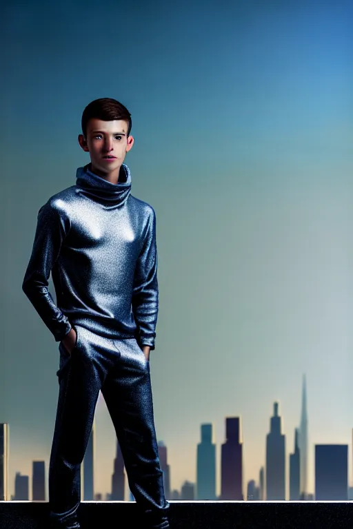 Image similar to un ultra high definition studio quality photographic art portrait of a young man standing on the rooftop of a british apartment building wearing soft padded silver pearlescent clothing. three point light. extremely detailed. golden ratio, ray tracing, volumetric light, shallow depth of field. set dressed.