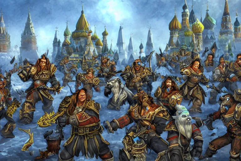 Image similar to moscow in style of warcraft orc village horde, blizzard illustration