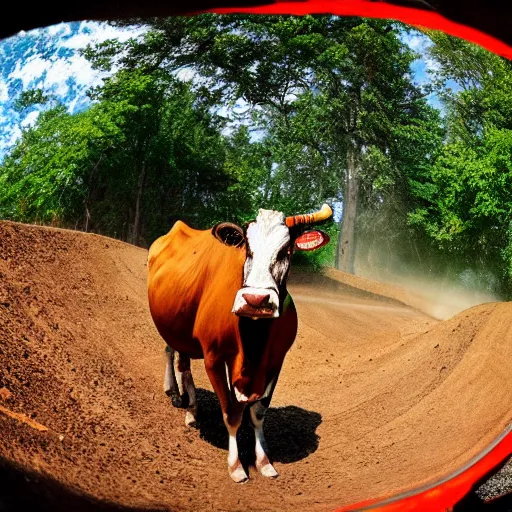 Image similar to a cow on a motocross track, fisheye lens