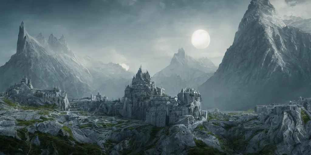 Minas Tirith, Gondor, magical, evening, Tolkien, Lord, Stable Diffusion