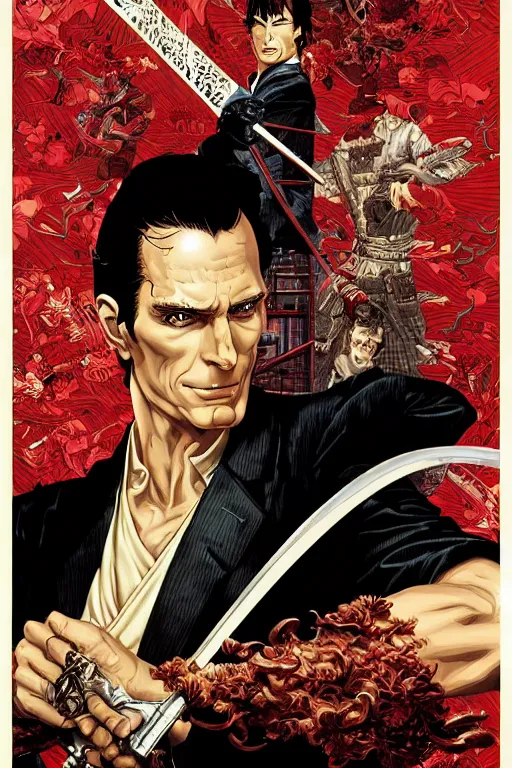 Prompt: poster of patrick bateman as a samurai, by yoichi hatakenaka, masamune shirow, josan gonzales and dan mumford, ayami kojima, takato yamamoto, barclay shaw, karol bak, yukito kishiro