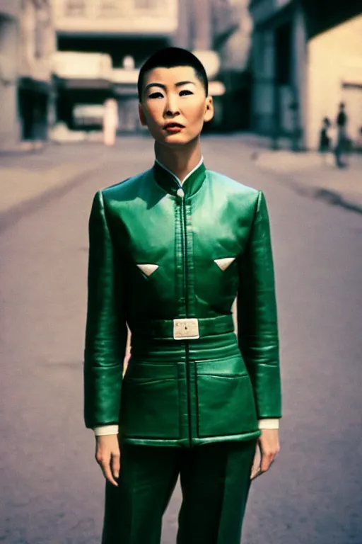 Prompt: ektachrome, 3 5 mm, highly detailed : incredibly realistic, asian demure, perfect features, buzz cut, beautiful three point perspective extreme closeup 3 / 4 portrait photo in style of chiaroscuro style 1 9 7 0 s frontiers in flight suit cosplay paris seinen manga street photography vogue fashion edition