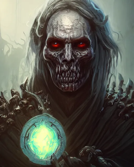 Image similar to Necromancer, solo, one character, portrait, Path of Exile, Warhammer, Diablo, Magic the Gathering, fantasy, gritty, cinematic lighting, centered, centered, symmetrical, symmetrical, highly detailed, digital painting, Artstation, concept art, sharp focus, 8k