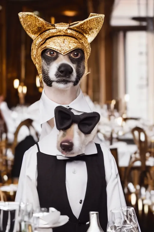 Image similar to a dog - headed waiter at the reception of a fancy restaurant