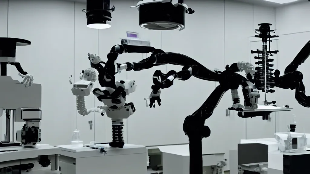 Image similar to a complex bifurcated robotic cnc surgical arm hybrid mri 3 d printer machine making black and white ceramic mutant forms in the laboratory inspection room, film still from the movie directed by denis villeneuve with art direction by salvador dali, wide lens