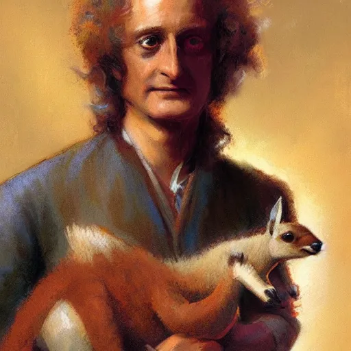 Image similar to portrait of isaac newton holding a baby kangaroo, artwork by gaston bussiere, craig mullins, trending on artstation