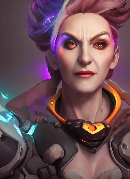 Image similar to !dream character portrait of a fusion of Moira from Overwatch and Roadhog from Overwatch by ArtGerm and Tom Bagshaw, 4k, highly detailed, cinematic lighting, characters merged