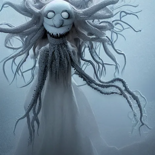 Prompt: an ethereal dream like fantasy fluffy ghost like spooky live action muppet wraith like figure with a squid like parasite latched as its head and four long tentacles for arms that flow gracefully at its sides like a cloak while it floats around a frozen rocky tundra in the snow searching for lost souls and that hides amongst the shadows in the trees, this character has hydrokinesis and electrokinesis is a real muppet by sesame street, photo realistic, real, realistic, felt, stopmotion, photography, sesame street