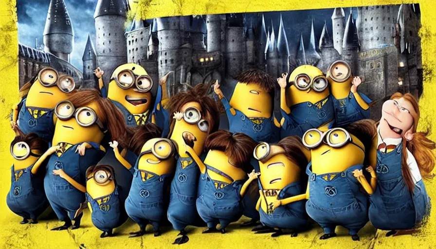 Image similar to Harry Potter!!, Harry Potter!!, ((the minions))