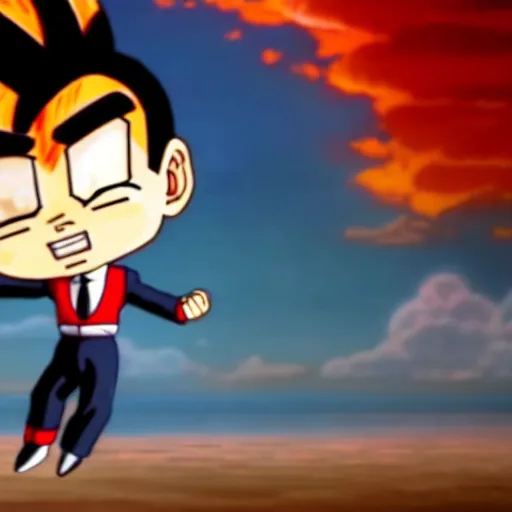 Image similar to mr. bean as goku from dragonball z. movie still. cinematic lighting.