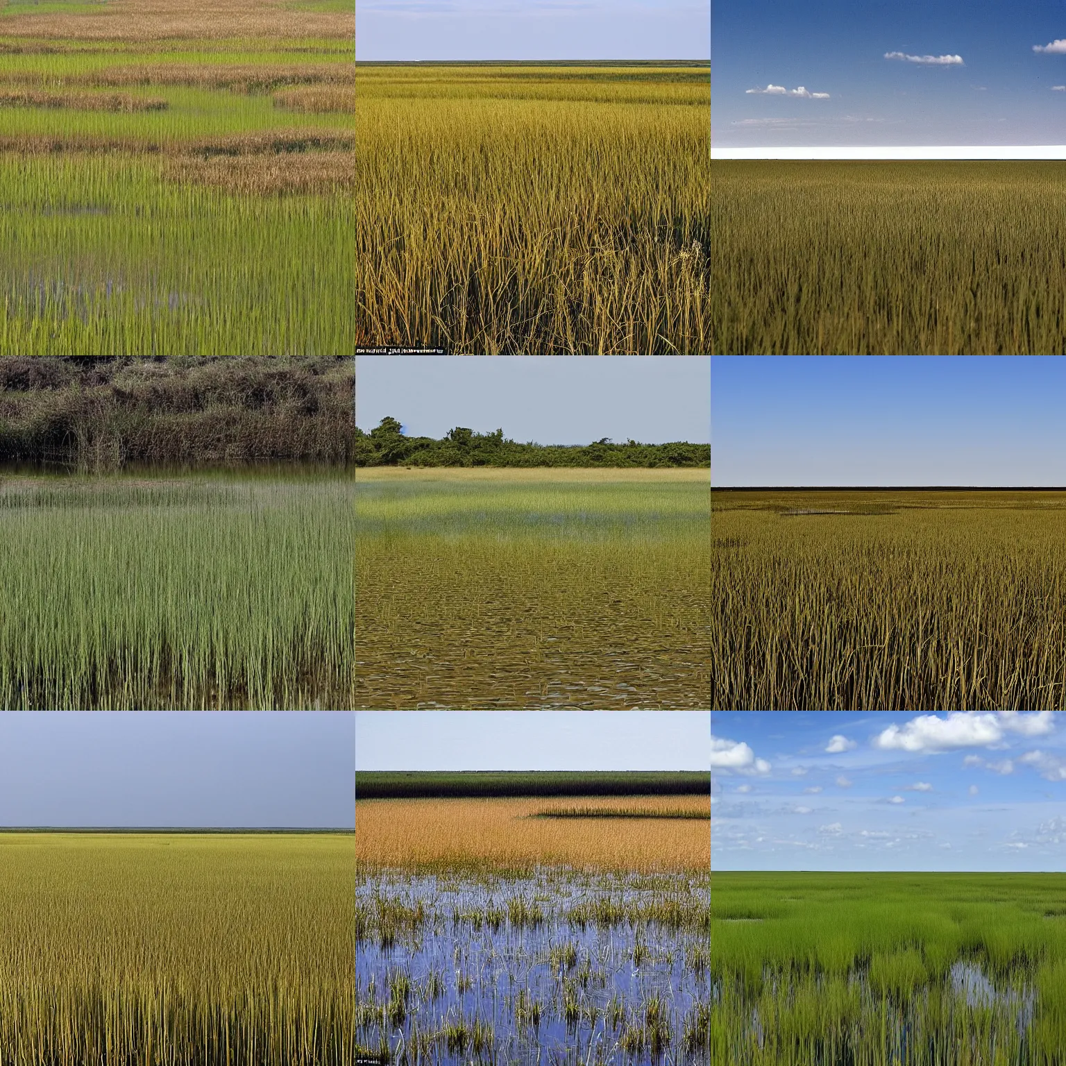 Prompt: afar at ground level, the marsh appears to be a flat plain covered in a tall sea of sedges. The marsh itself is actually uneven, with several large pools dotted about