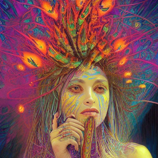 Image similar to A reality bending psychedelic ayahuasca experience in semi darkness with many fire flies, colorful, distorted, surreal, tropical bird feathers, dramatic lighting on the face, intricate, elegant, highly detailed, digital painting, concept art, smooth, sharp focus, illustration, art by Krenz Cushart and Wayne Barlowe and alphonse mucha