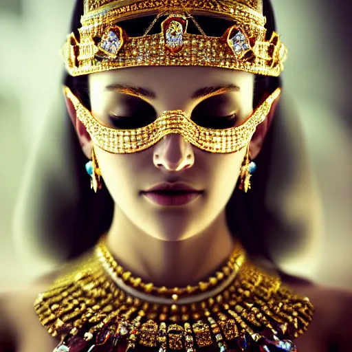 Prompt: a princess with lots of jewelry and an Ultra Lux mask, full body, , photos by Annie Leibovitz, moody, models by 500px, dramatic cinematic lighting rendered by octane, 8k, detailed, intricate, clean and textures, trending on artstation, deviantart google images, pinterest