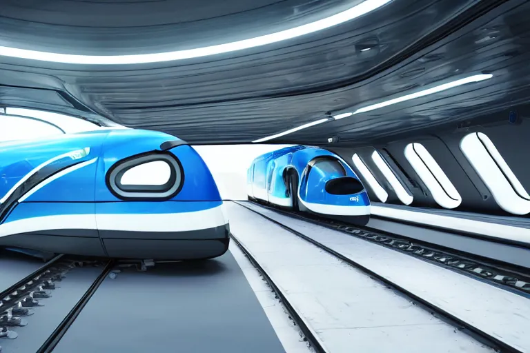 Image similar to futuristic ( train designed by apple ) on a track, natural light, detailed, canon eos c 3 0 0, ƒ 1. 8, octane render, 3 5 mm, 8 k, medium - format print, blue light accents