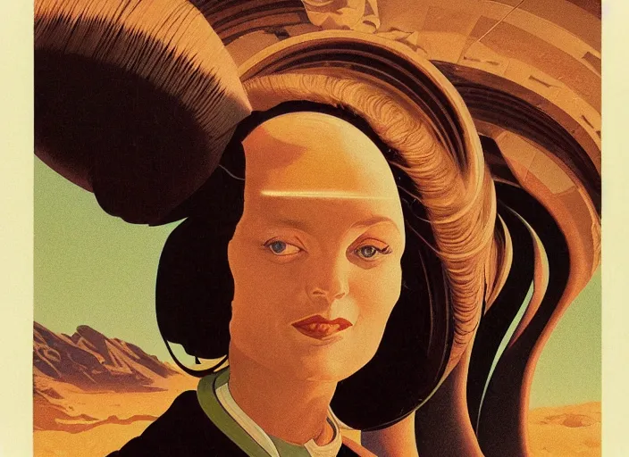 Image similar to portrait of a woman with swirling hair, illustration by Chesley Bonestell retrofuturism, reimagined by industrial light and magic