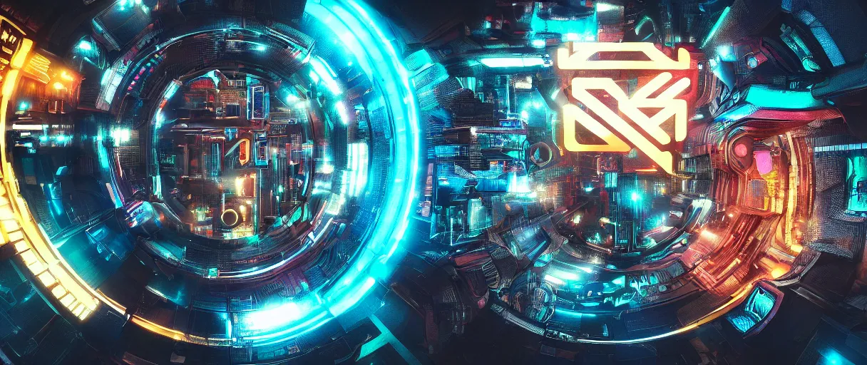 Image similar to cyberpunk holographic logo, futuristic, in the style of Pixar animation, low angle view, 16mm lens, award winning, hyper detailed, dramatic lighting, artstation, octane renderer, unreal engine