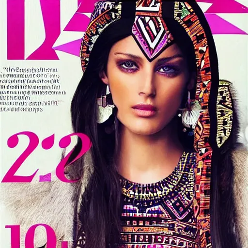 Prompt: a page of a high - end female fashion magazine, ancient aztec fashion, full body photo of a gorgeous aztec supermodel modeling the latest ancient aztec fashion, high resolution scan of aztec fashion catalog