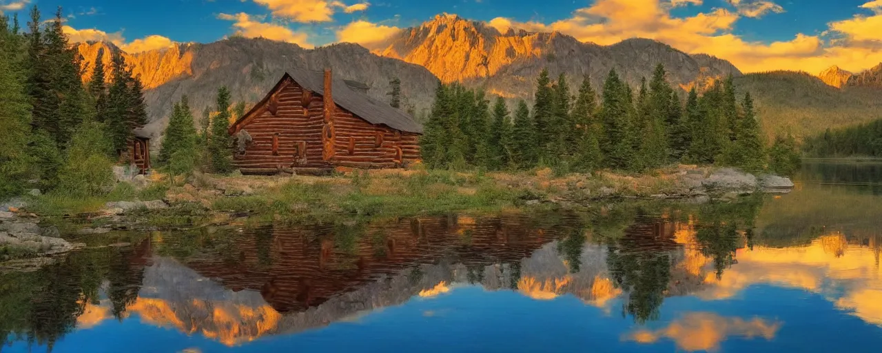 Prompt: A cabin in the mountains, river, golden hour, reflections, clouds, birds, classic painting, award winning, high detail