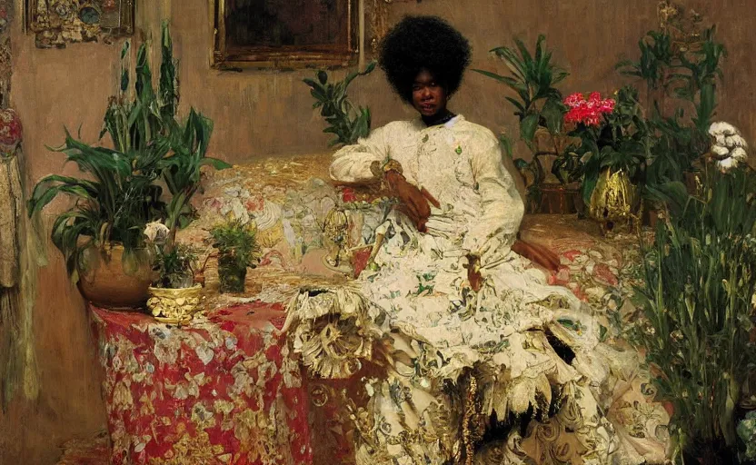 Image similar to high quality high detail painting by ilya repin, black woman in a white room with many plants, intricate costume design, orientalist, partially gold, ornate, elite, luxury, hd