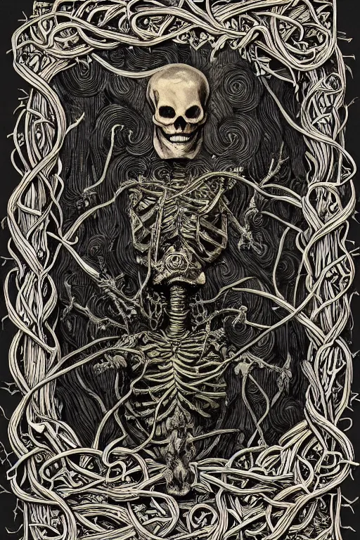 Image similar to portrait of dead king skeleton wrapped in vines, black paper, baroque, rococo, tarot card with ornate border frame, marc Simonetti, paul pope, peter mohrbacher, detailed, intricate ink illustration