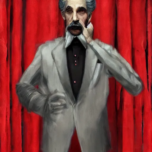 Prompt: portrait of a puppet master, grey hair and a tuxedo, harsh good looking face, middle aged, surrounded by red curtains, drawn by Ruan Jia, disco elysium style, highly detailed